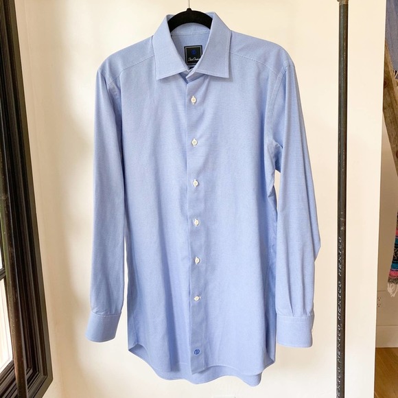 DAVID DONAHUE Men's Blue/White Mirco Houndstooth Trim Fit Shirt sz 16 34/35 - Picture 1 of 11